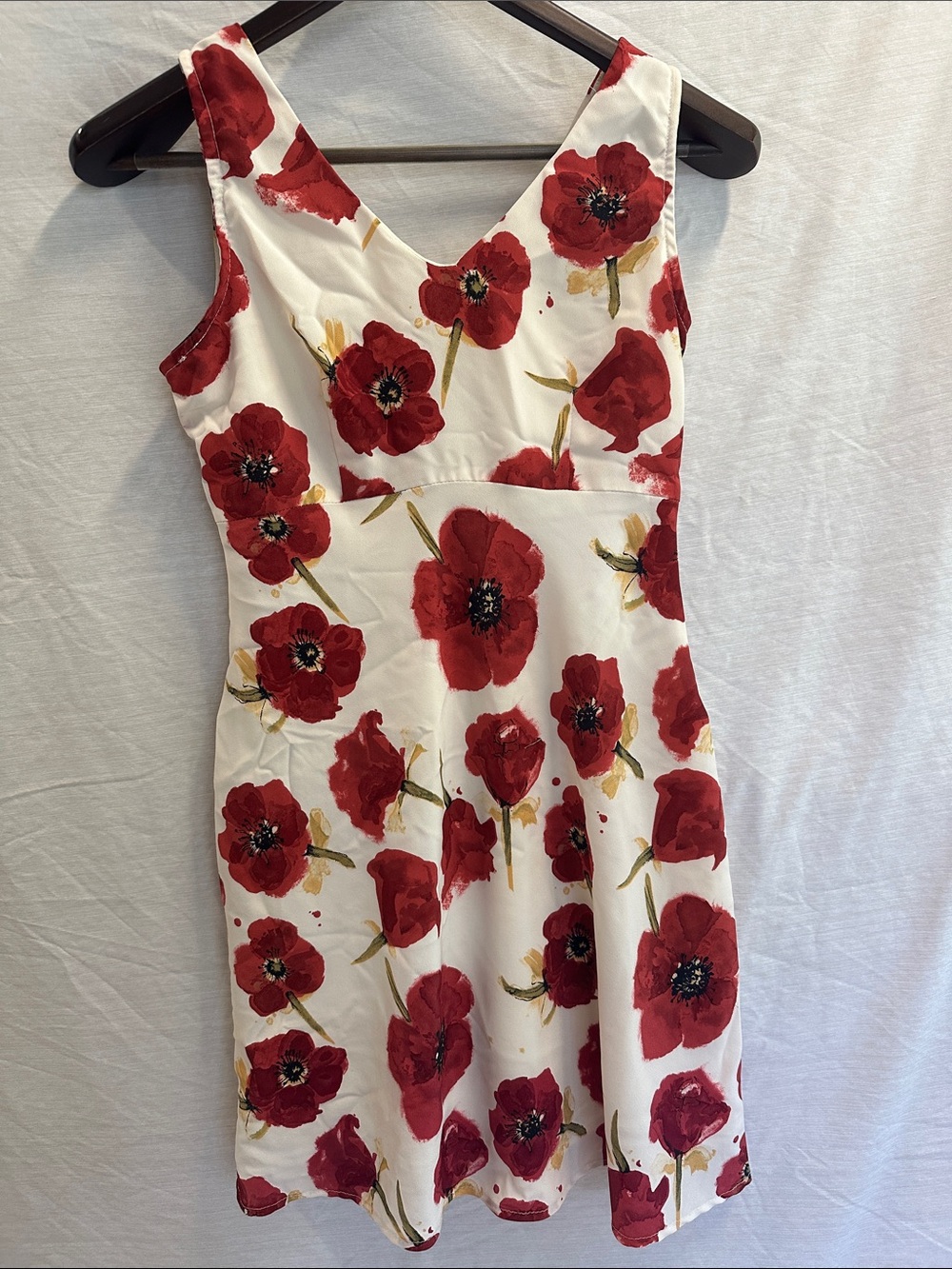 White Mini Dress with Red Poppy Print